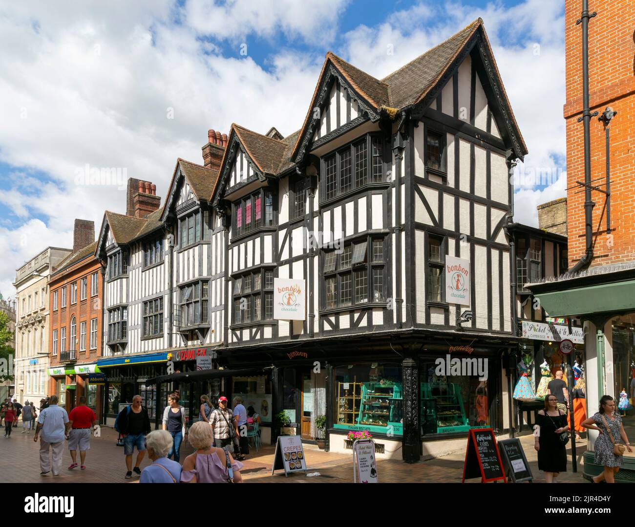 Shops and shoppers, mock Tudor half timbered buildings in town centre