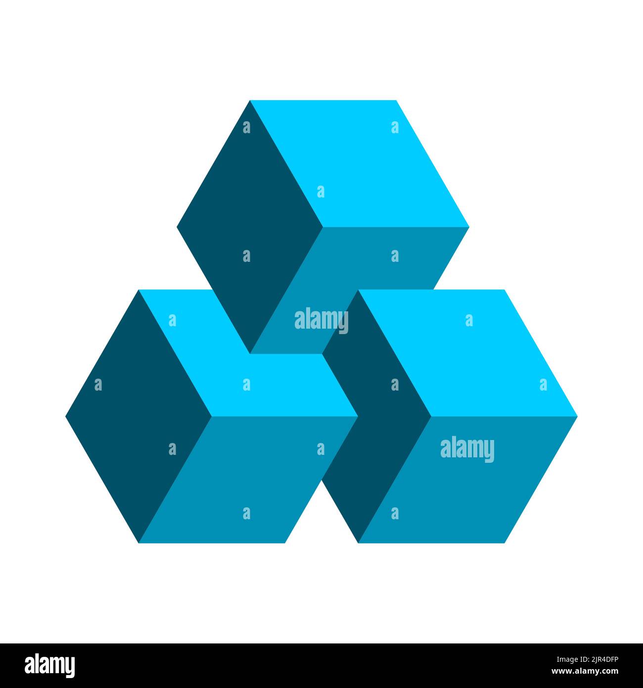 Three blue cubes floating in the air. Impossible 3D geometric shape. Penrose optical illusion. Isometric blockchain technology concept. Vector Stock Vector