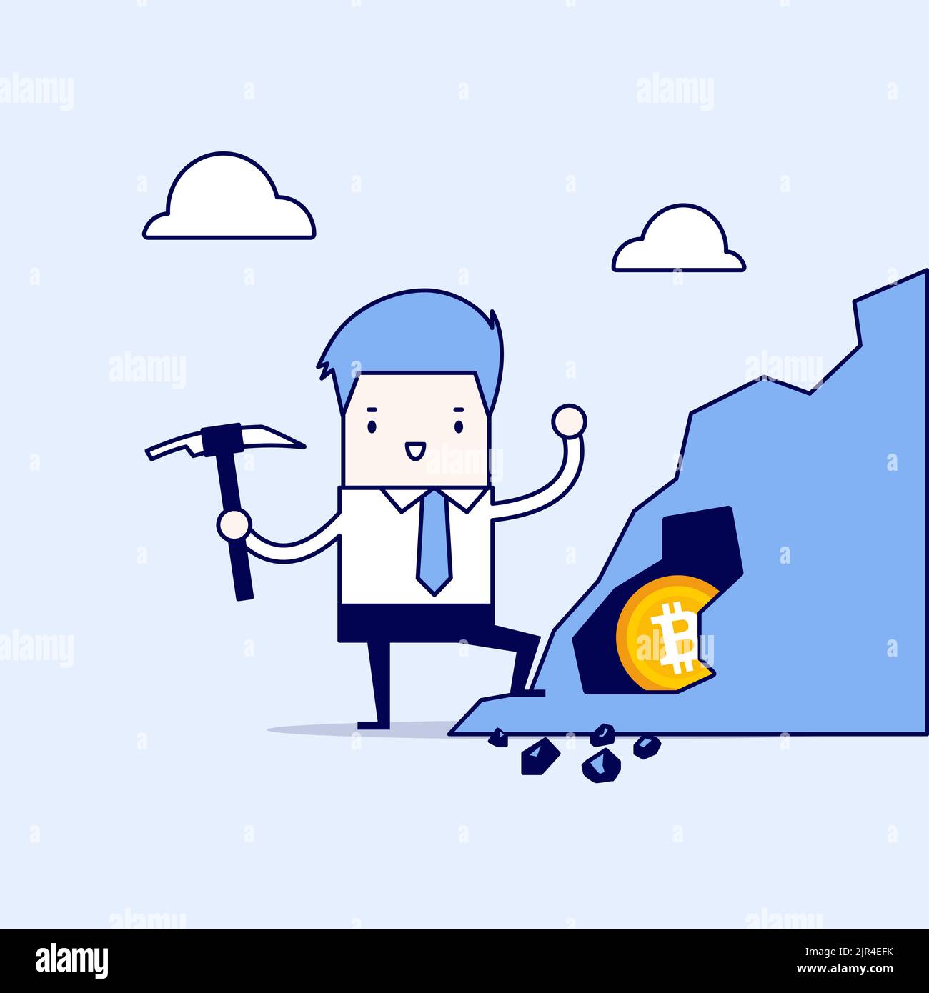 Businessman mining for bitcoin, Cartoon character thin line style vector. Stock Vector