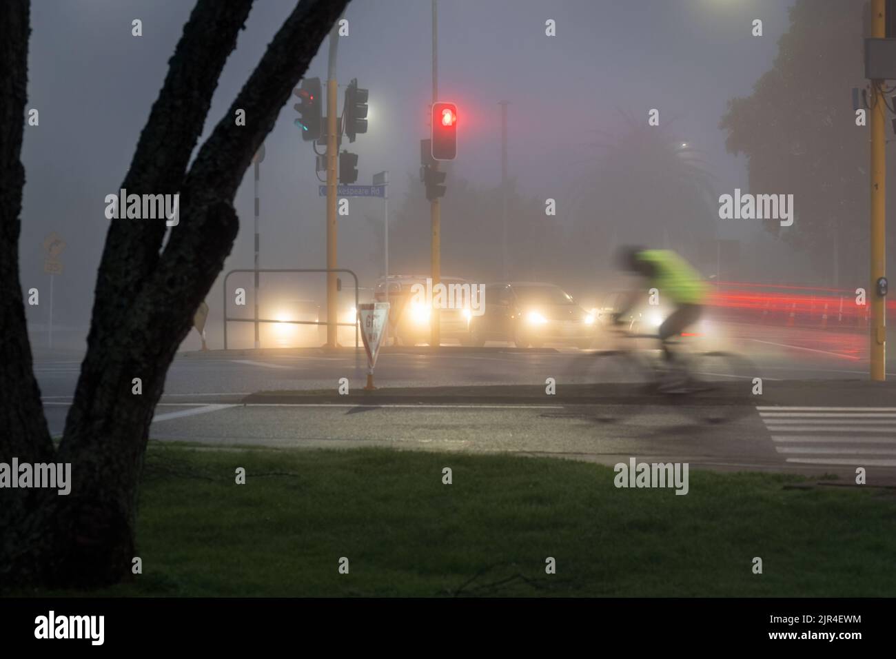 A cyclist riding in the morning fog. Cars stop at the traffic light. Motion blur image due to slow shutter speed. Stock Photo