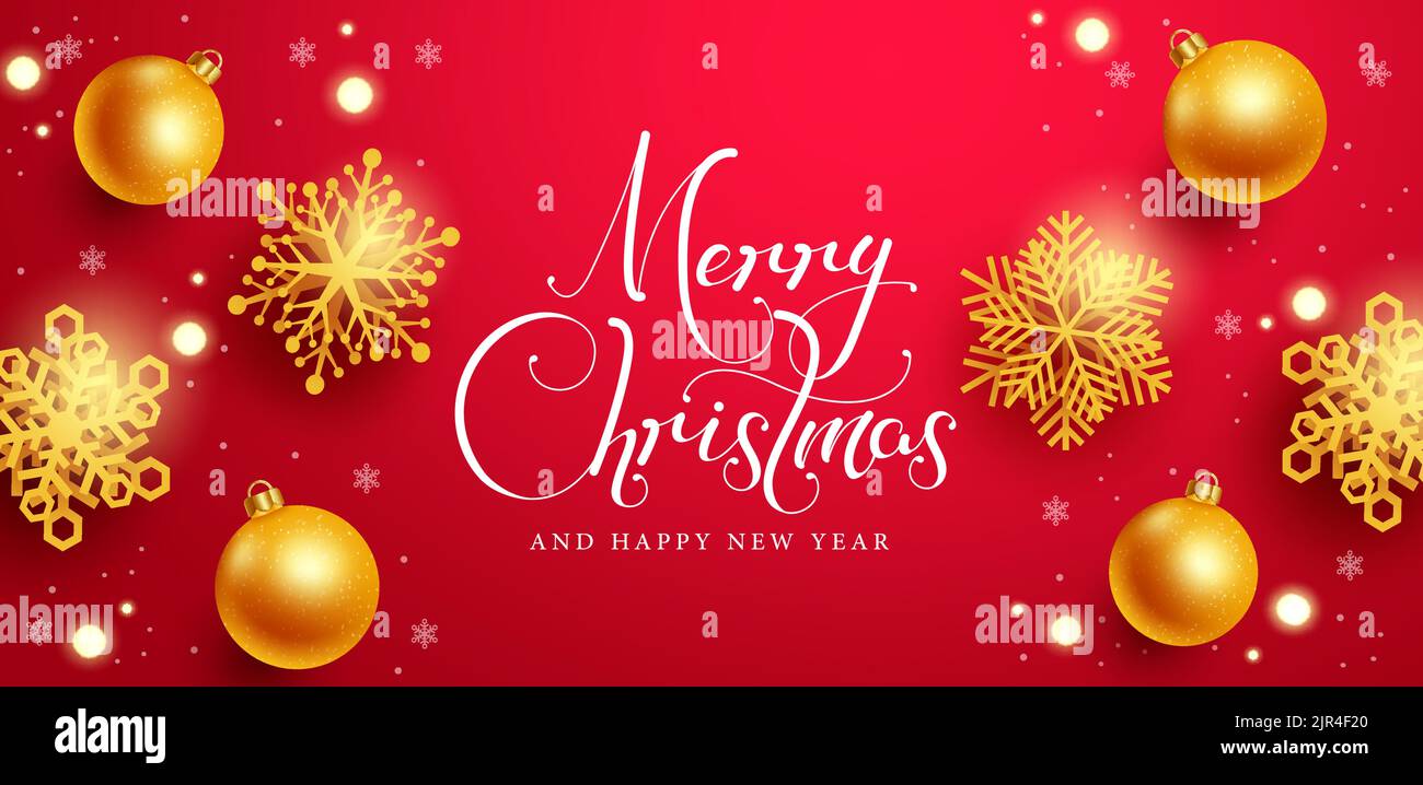 Christmas vector background design. Merry christmas greeting text with elegant gold snowflakes and balls elements for xmas holiday background. Stock Vector