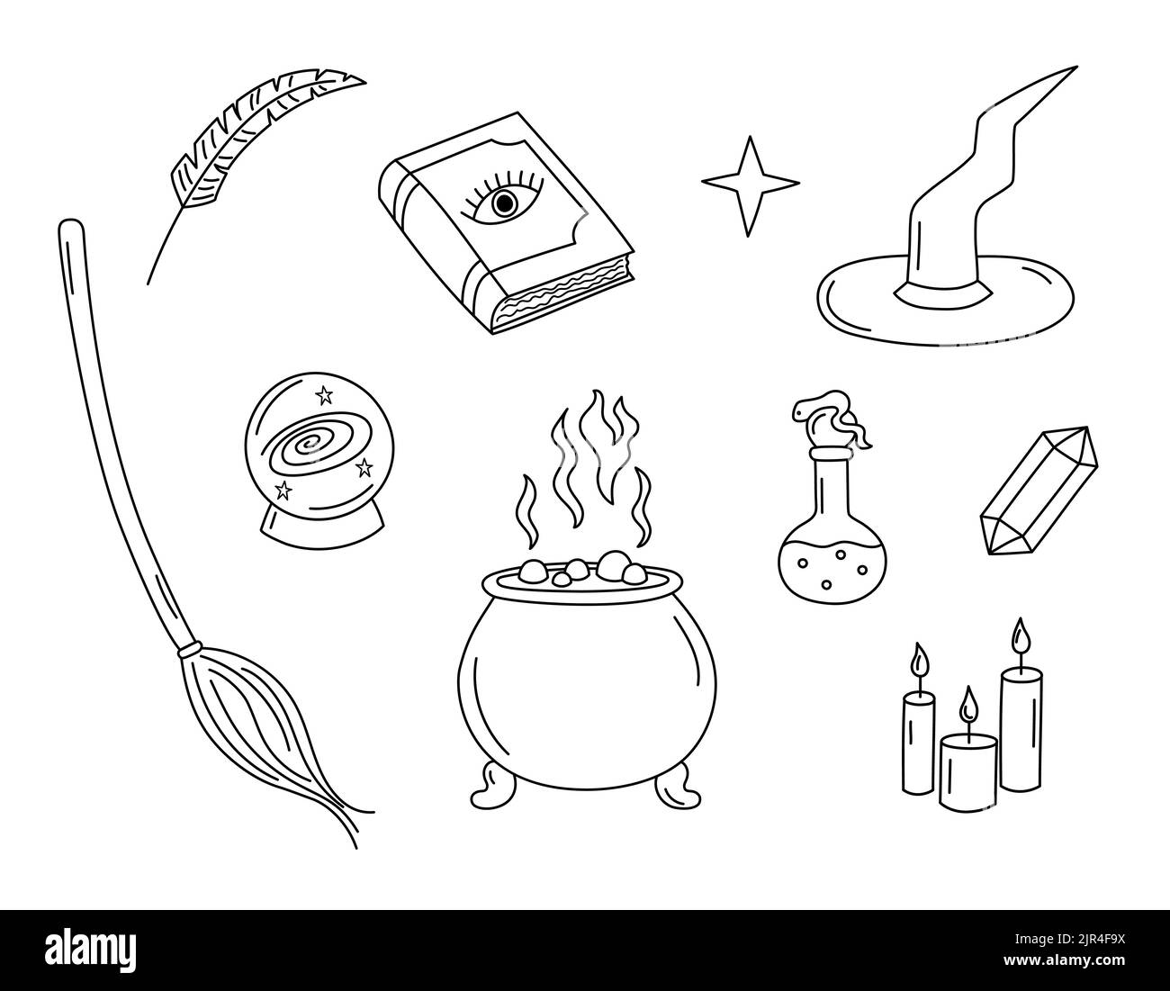 Witchcraft doodles set. Witch attributes magic ball, spell book, cauldron, broom, hat. Halloween symbols isolated. Outline hand drawn vector illustrat Stock Vector