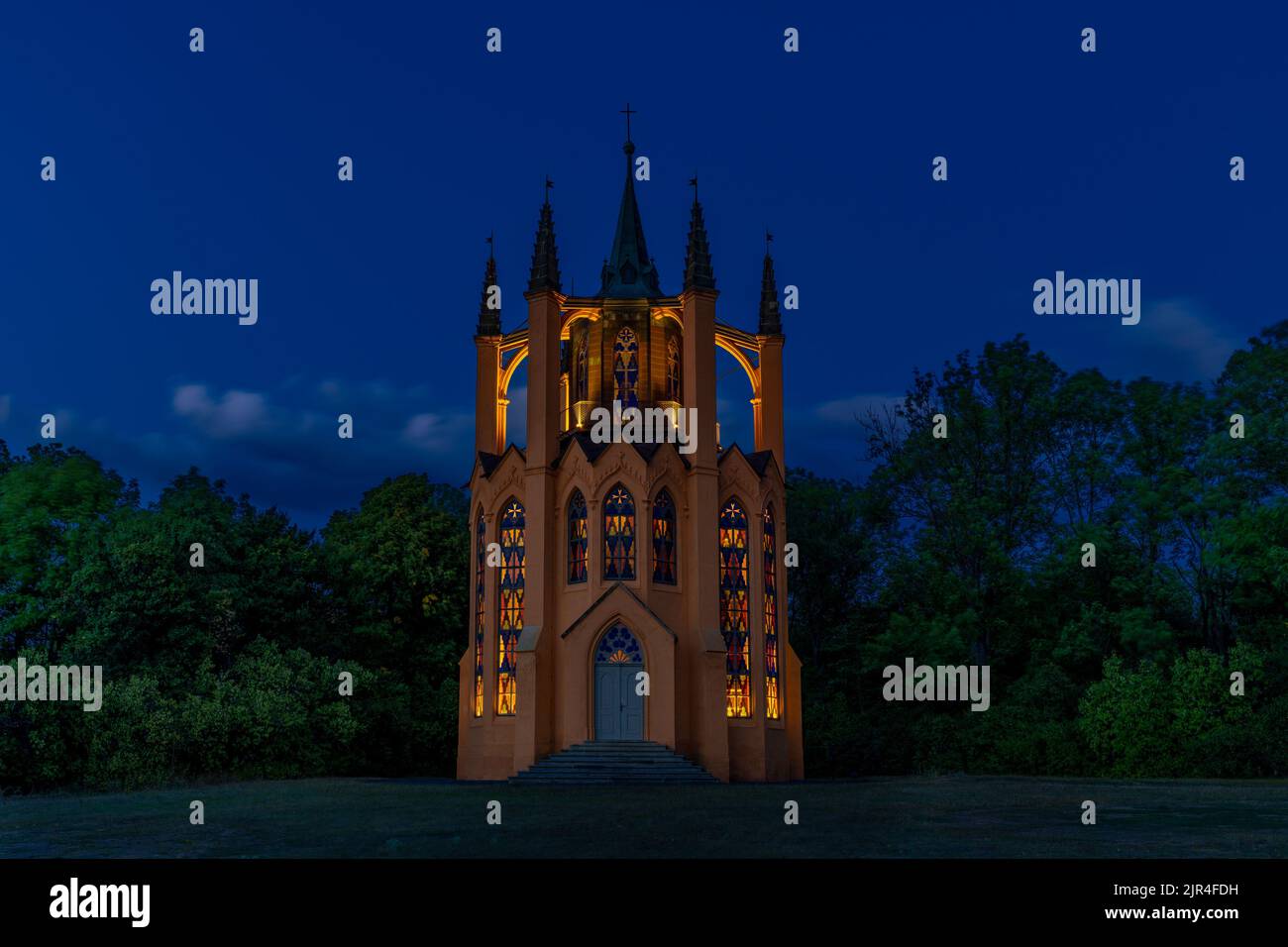 The first neo-Gothic building in the Czech Republic and the first lookout tower in Central Europe, the neo-Gothic temple from 1793 in Krásný Dvůr. - Stock Image