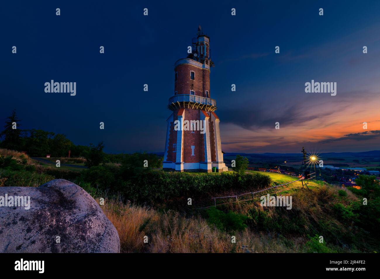 Schiller's lookout tower - the tower, visible from afar, stands on a hill above the village of Kryry (near Podbořany), where the castle once stood. - Stock Image