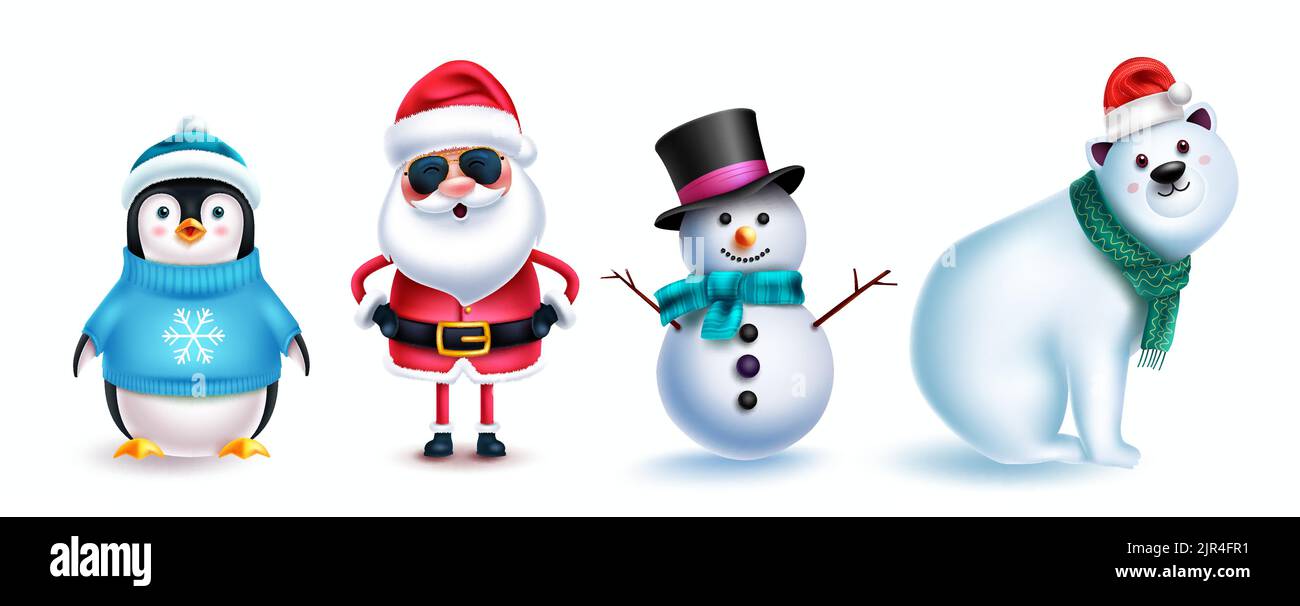 Christmas character vector set design. Santa claus, penguin, polar bear and snowman characters isolated in white background for xmas holiday season. Stock Vector