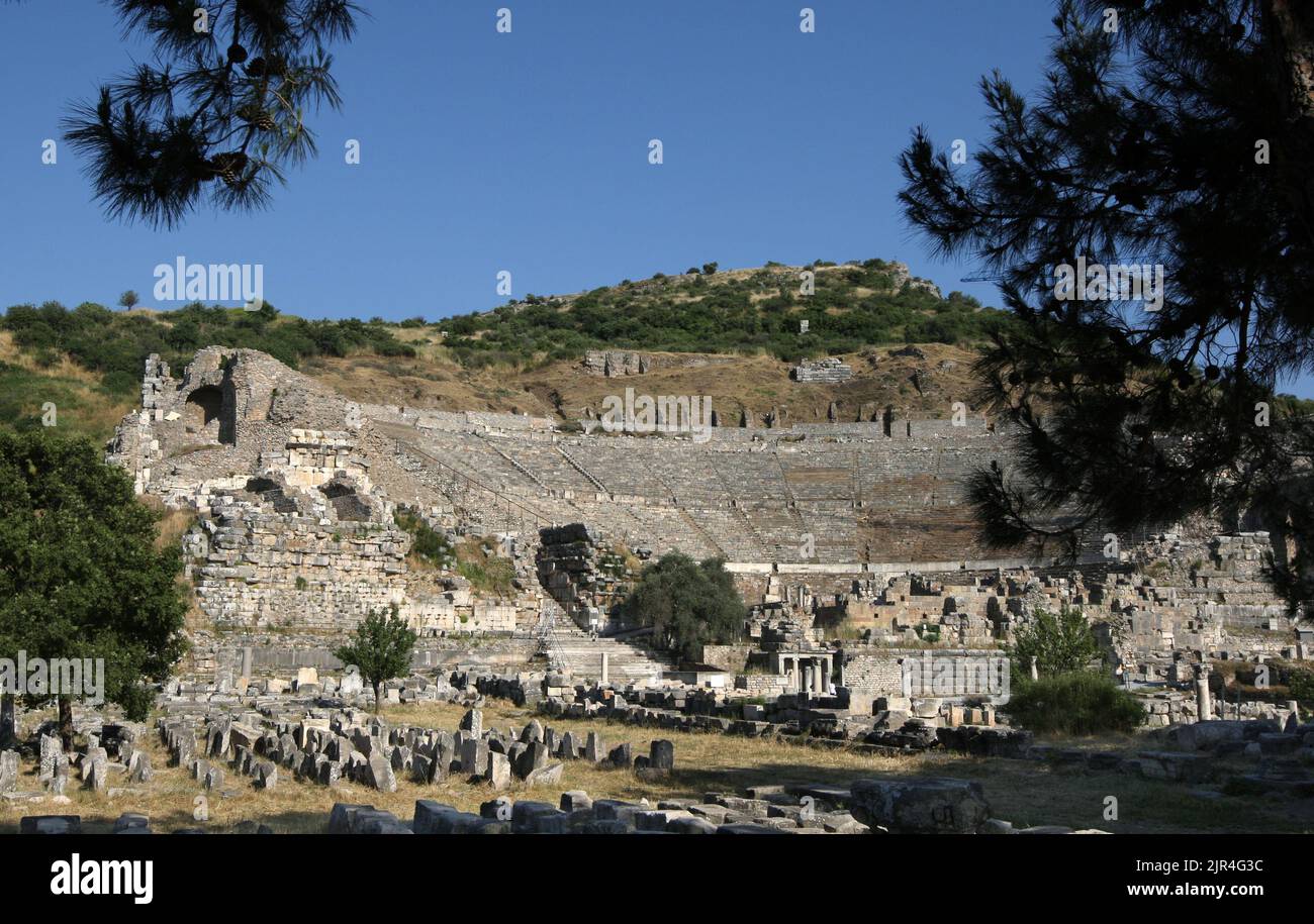 The ruins of the theatre at the ancient site of Ephesus which is located near the modern town of Selcuk in Turkey. Stock Photo