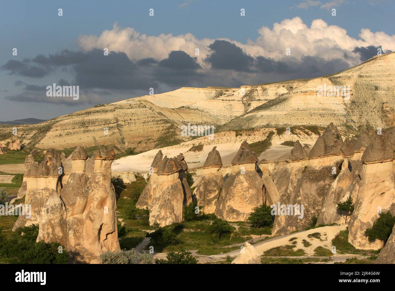A series of volcanic rock formations known as fairy chimneys at Pasabagi near Zelve in the Cappadocia region of Turkey at sunset. Stock Photo