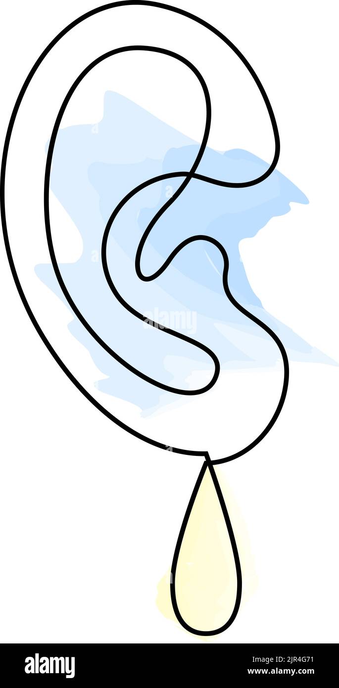 Ear with drop continuous line drawing. Ear infection. Inflammation and