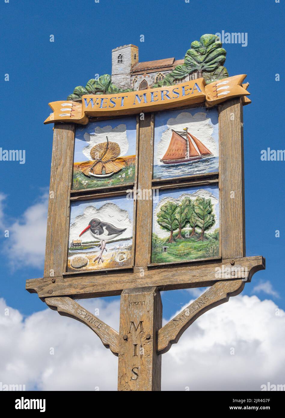 Village sign, Yorick Road, West Mersea, Essex, England, United Kingdom Stock Photo