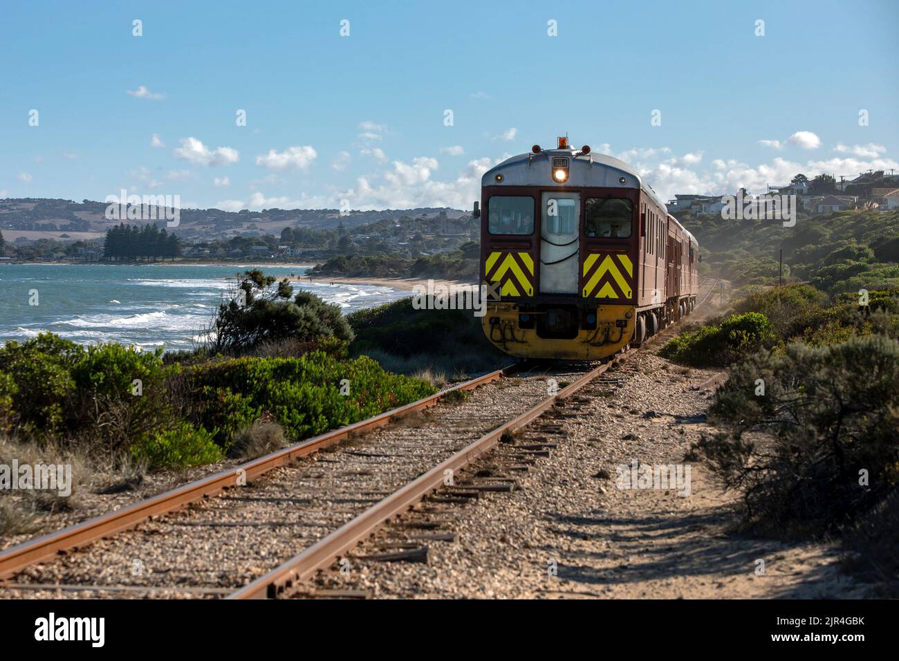 Engine 334, a 300 class powercar, also known as a Red Hen, runs along the SteamRanger Heritage Railway from Victor Harbor to Goolwa in South Australia Stock Photo