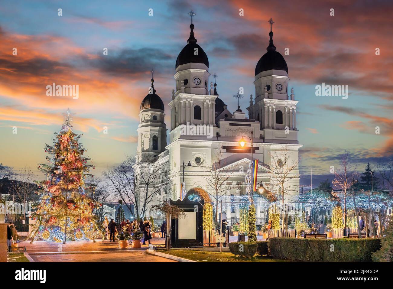 Christmas market and decorations tree in center of Iasi town, Romania Stock Photo