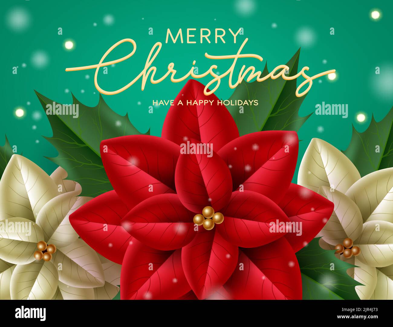 Merry christmas greeting vector design. Merry christmas text with elegant poinsettia flowers with snow and bokeh elements for holiday season flower. Stock Vector