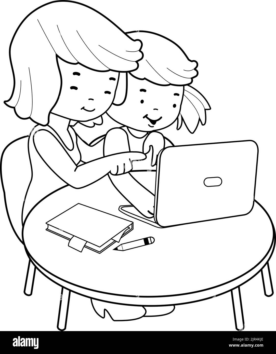 Mother and daughter using the computer. Vector black and white coloring page Stock Vector
