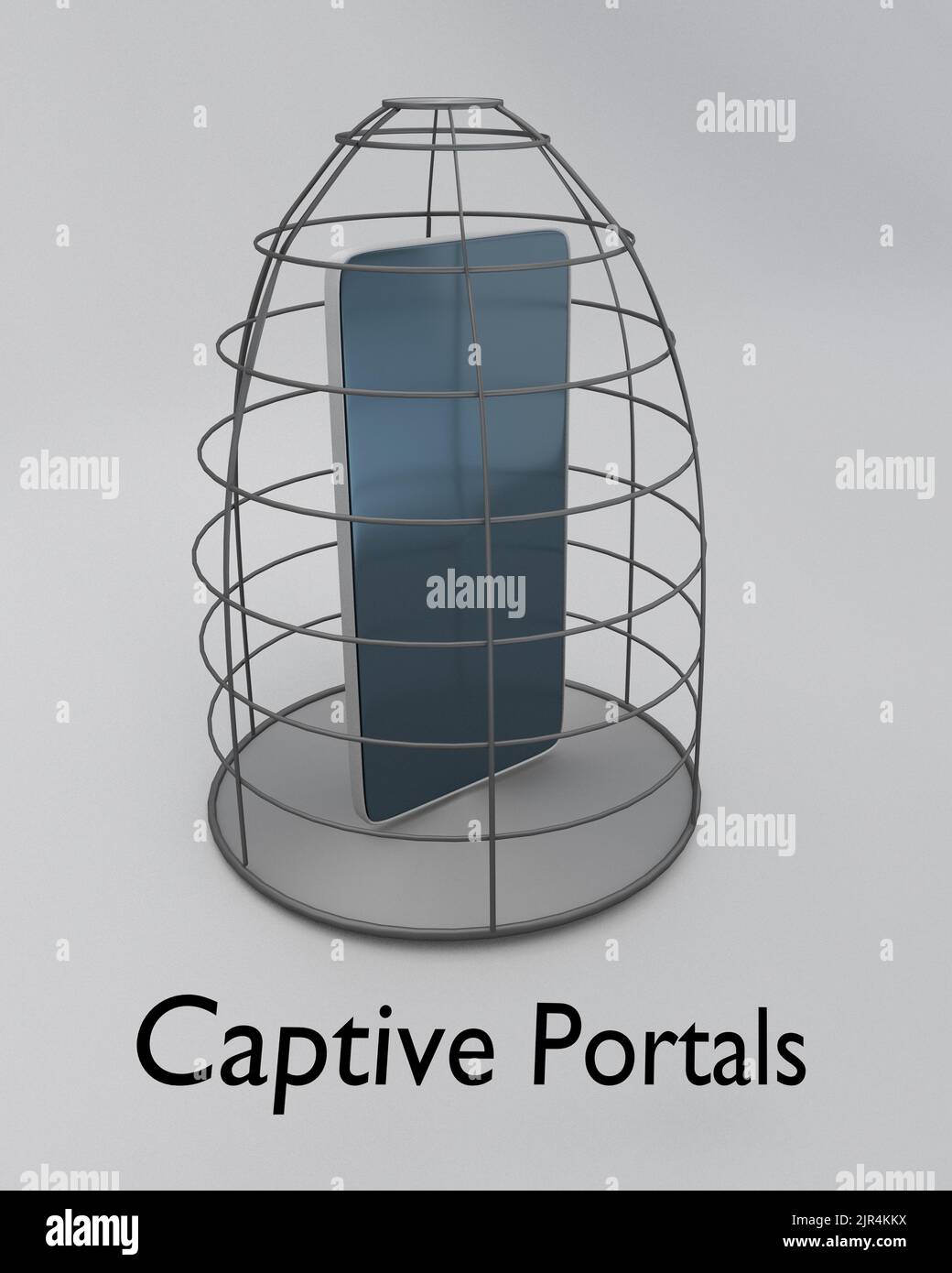 3D illustration of a cellular phone in a symbolic cage, along with the script Captive Portals. Stock Photo