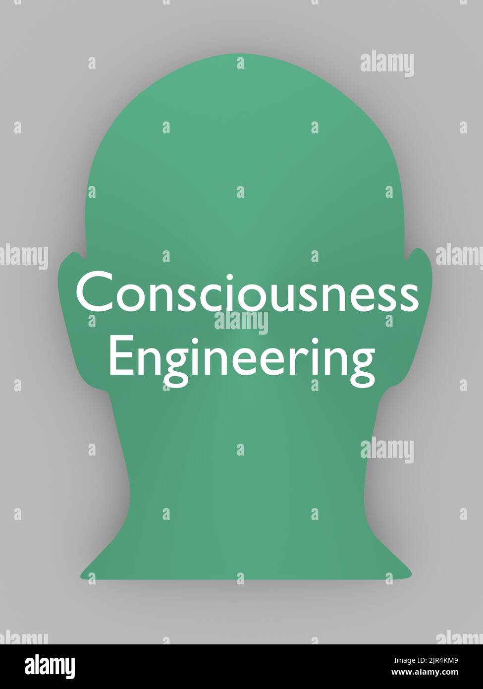 3D illustration of Consciousness Engineering on a green head silhouette, isolated over gray background. Stock Photo