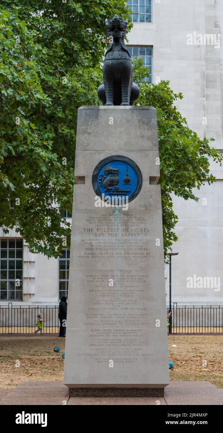The Chindit Memorial, designed by architect David Price, standing in Victoria Embankment Gardens, Whitehall Extension, London, England, UK Stock Photo