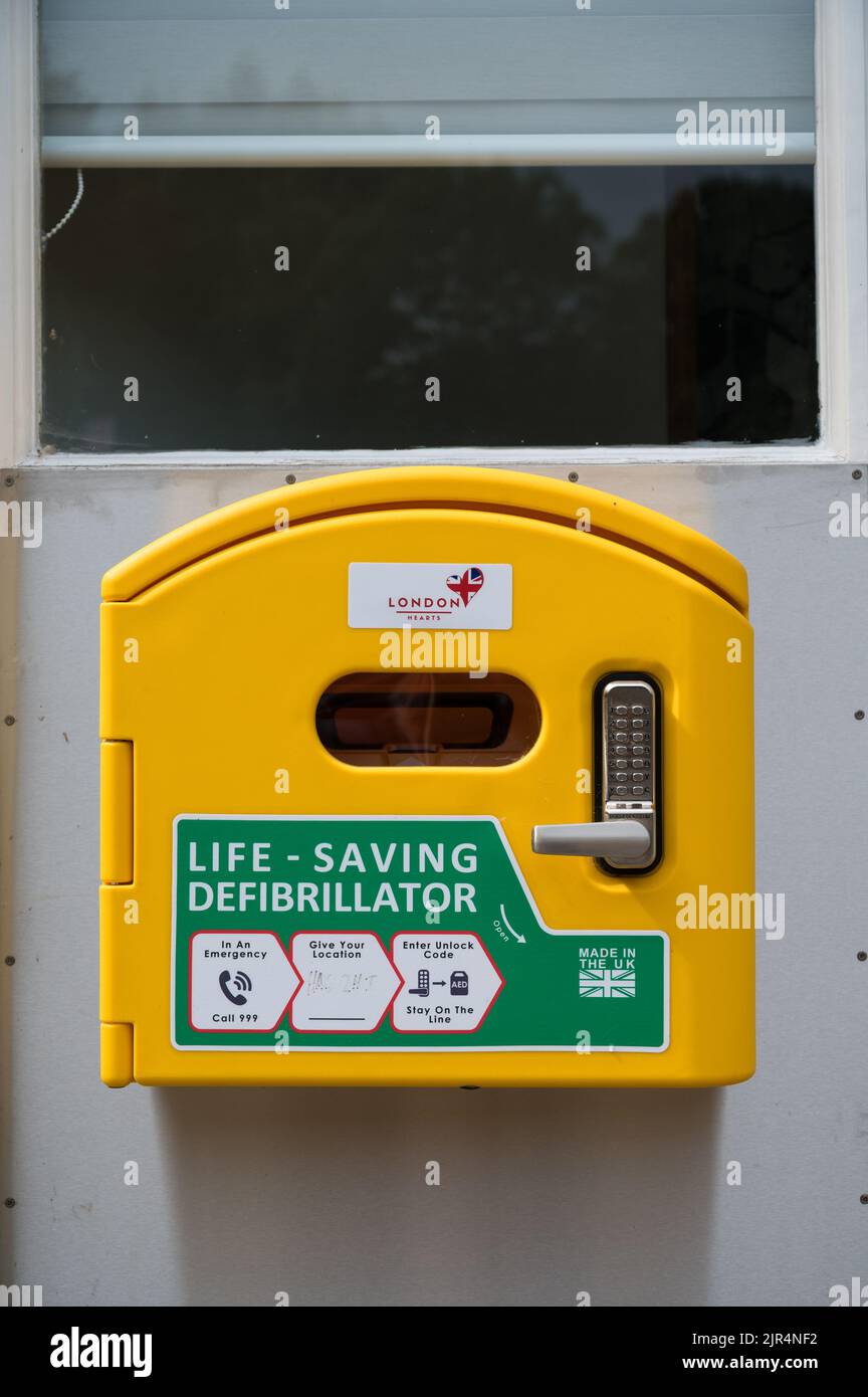 Life saving defibrillator. Emergency medical first aid equipment for