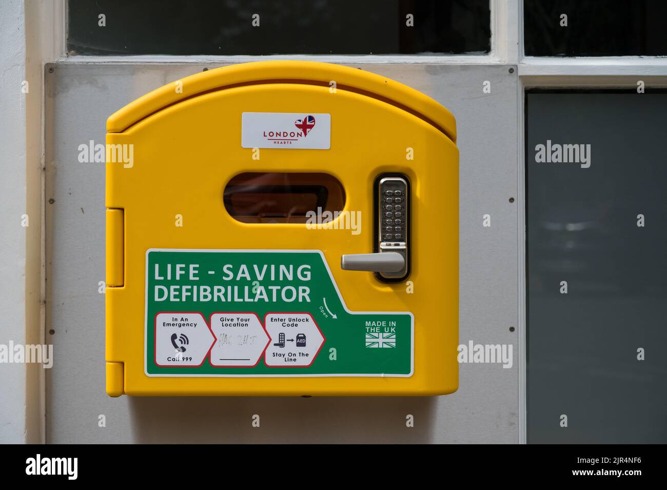 Life saving defibrillator. Emergency medical first aid equipment for