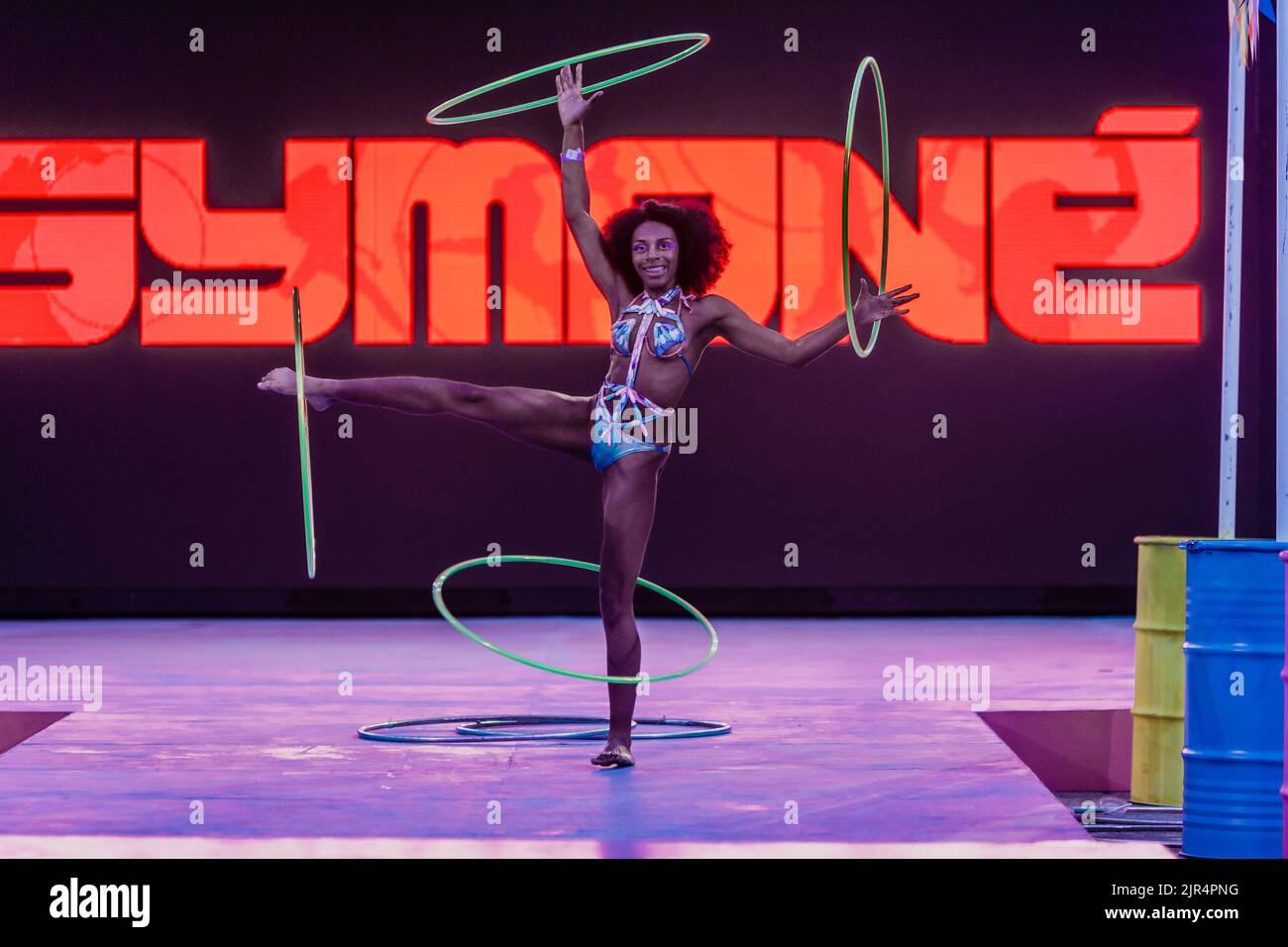 Symoné, the amazing Hula Hooper performs at This Bright Land in Somerset House, London. Stock Photo