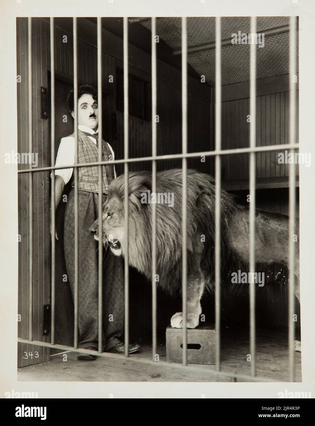 1928 Charlie Chaplin "The Circus". Charlie inside a cage with a lion. Stock Photo