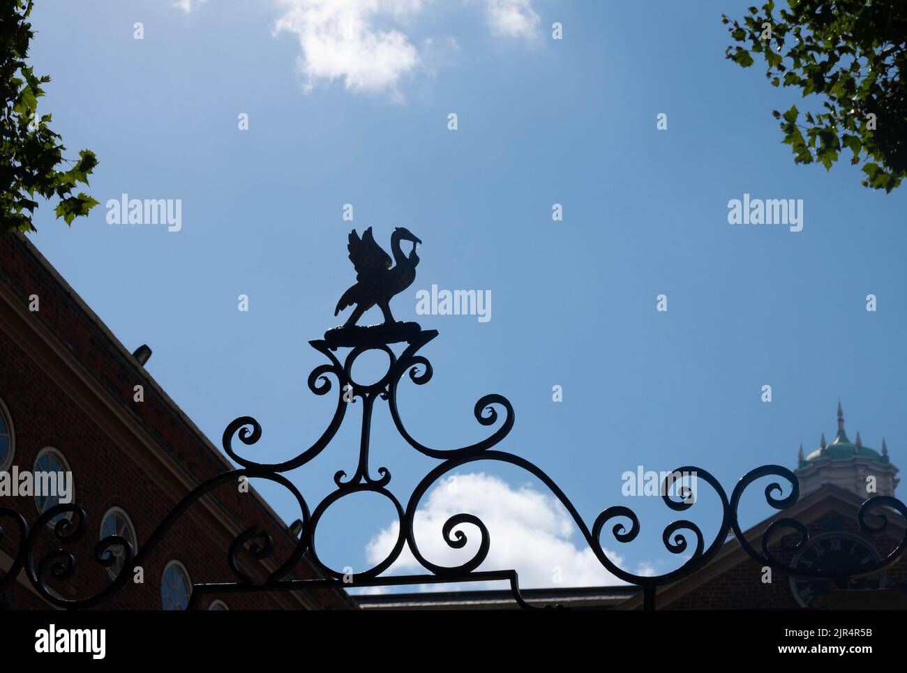Liver bird pictured on a gate at south entrance to Liverpool One Stock Photo