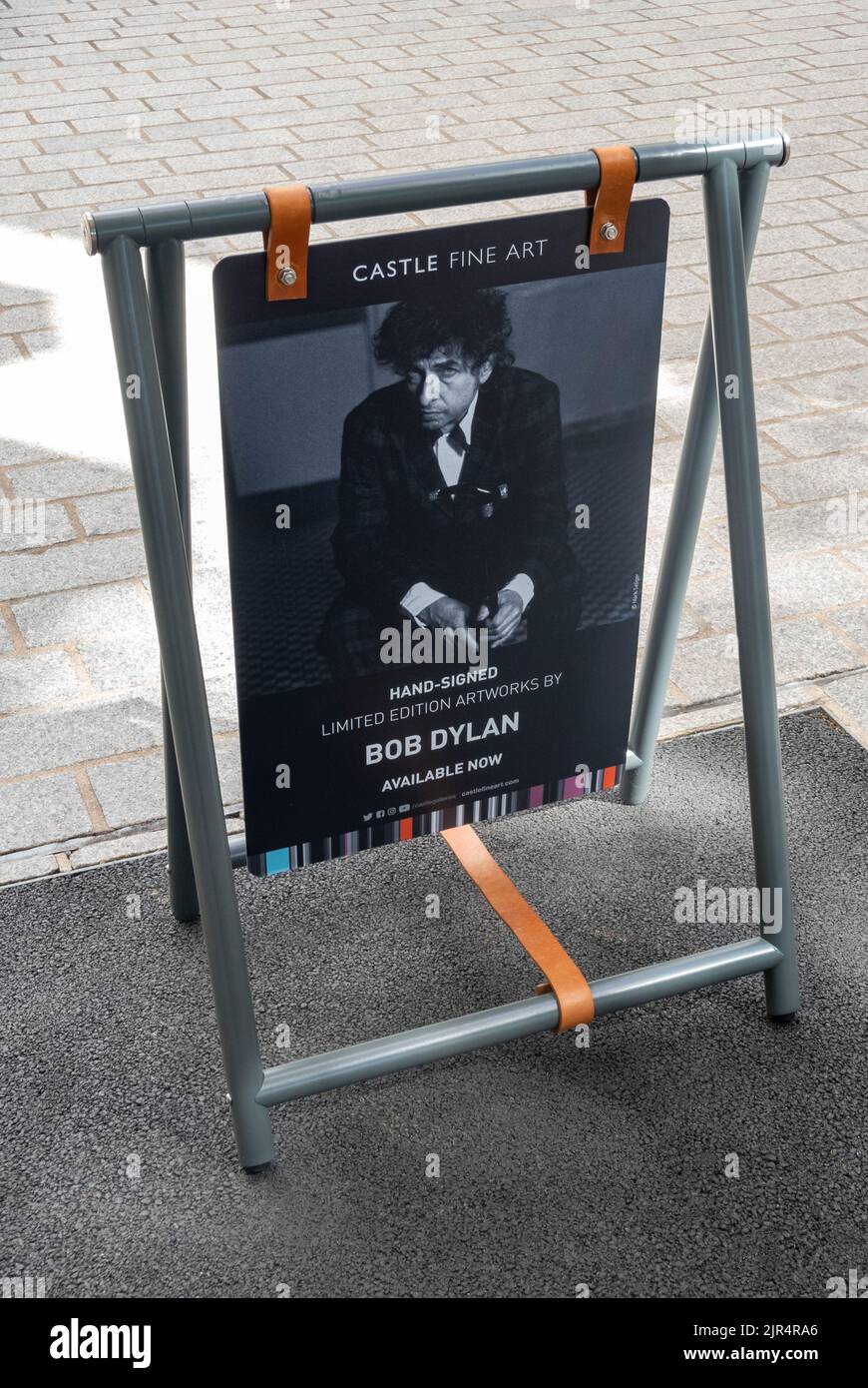 Hanging sign announcing Bob Dylan's art outside Castle Fine Art Gallery in Liverpool Stock Photo