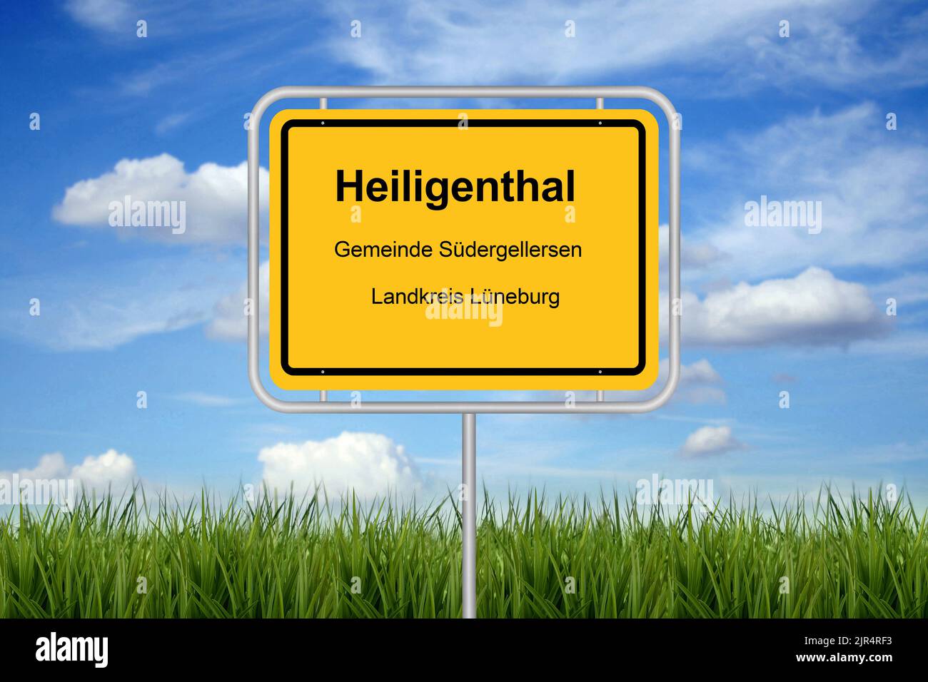 city sign lettering Heiligenthal, Gemeinde Suedergellersen, Landkreis Lueneburg, Germany, Lower Saxony Stock Photo