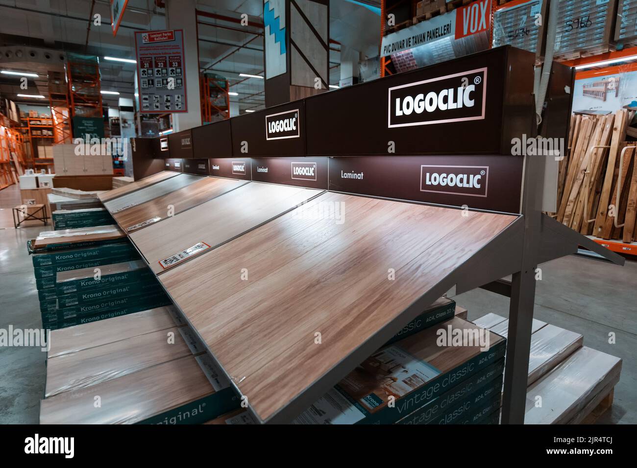 27 June 2022, Antalya, Turkey Logoclic brand laminate flooring with