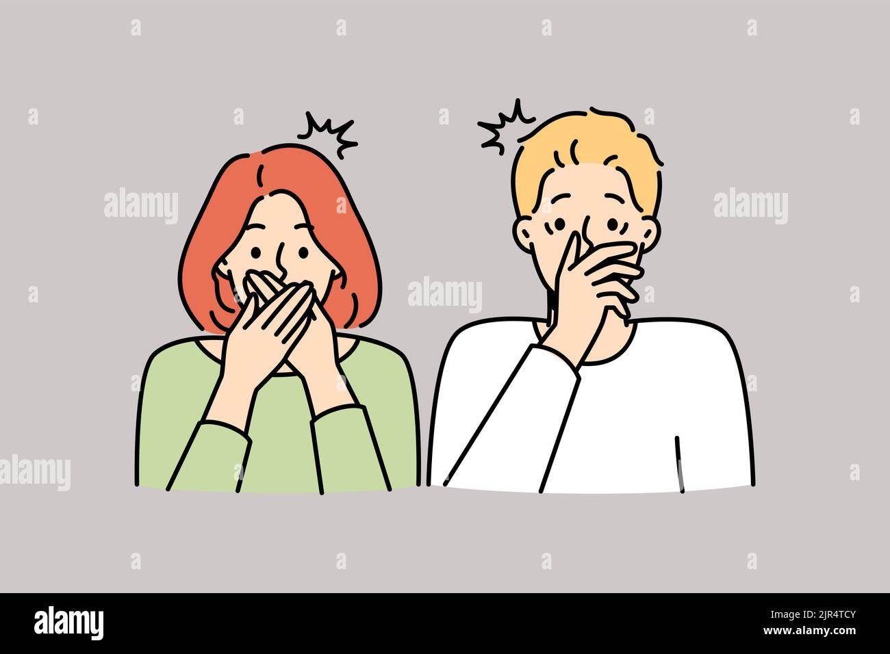 Shocked couple cover mouth stunned by unbelievable news. Amazed man and woman surprised by unexpected message. Vector illustration.  Stock Vector