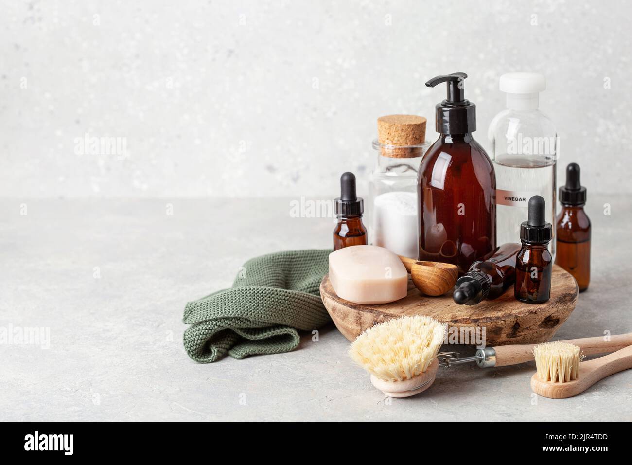 zero waste eco friendly cleaning concept. wooden brushes, baking soda