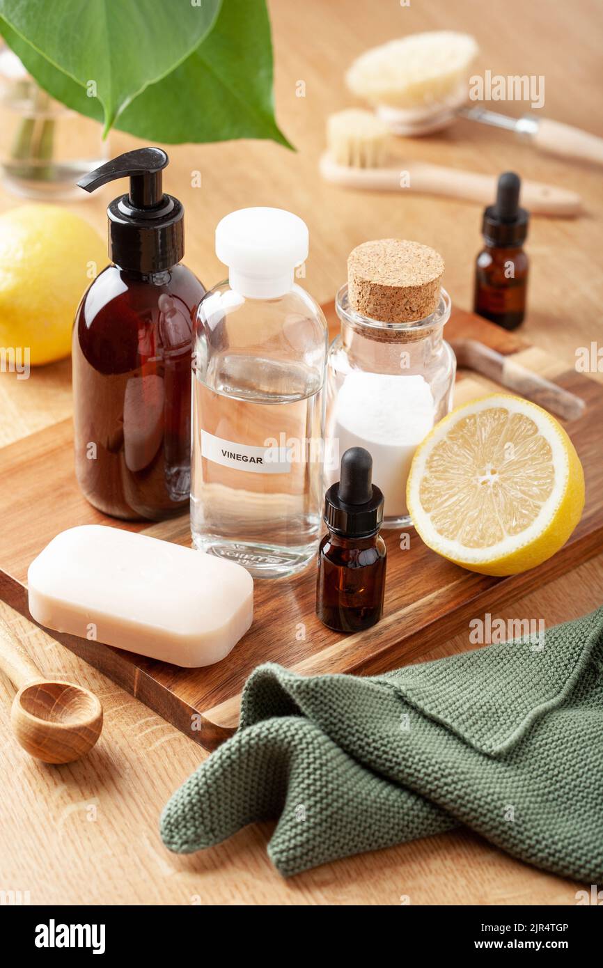 zero waste eco friendly cleaning concept. wooden brushes, baking soda