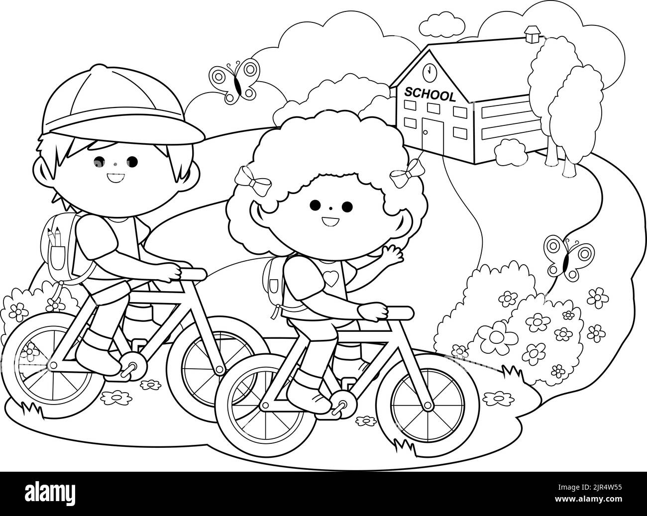 Children riding their bicycles to school. Vector black and white coloring page Stock Vector