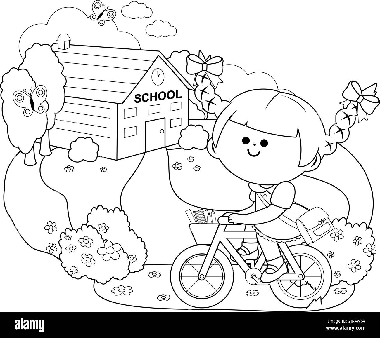 Little girl rides her bicycle to school. Vector black and white coloring page Stock Vector