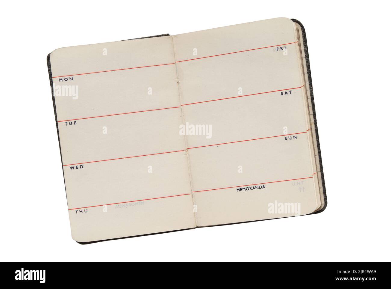 Old small week to page pocket diary open, isolated on white with path