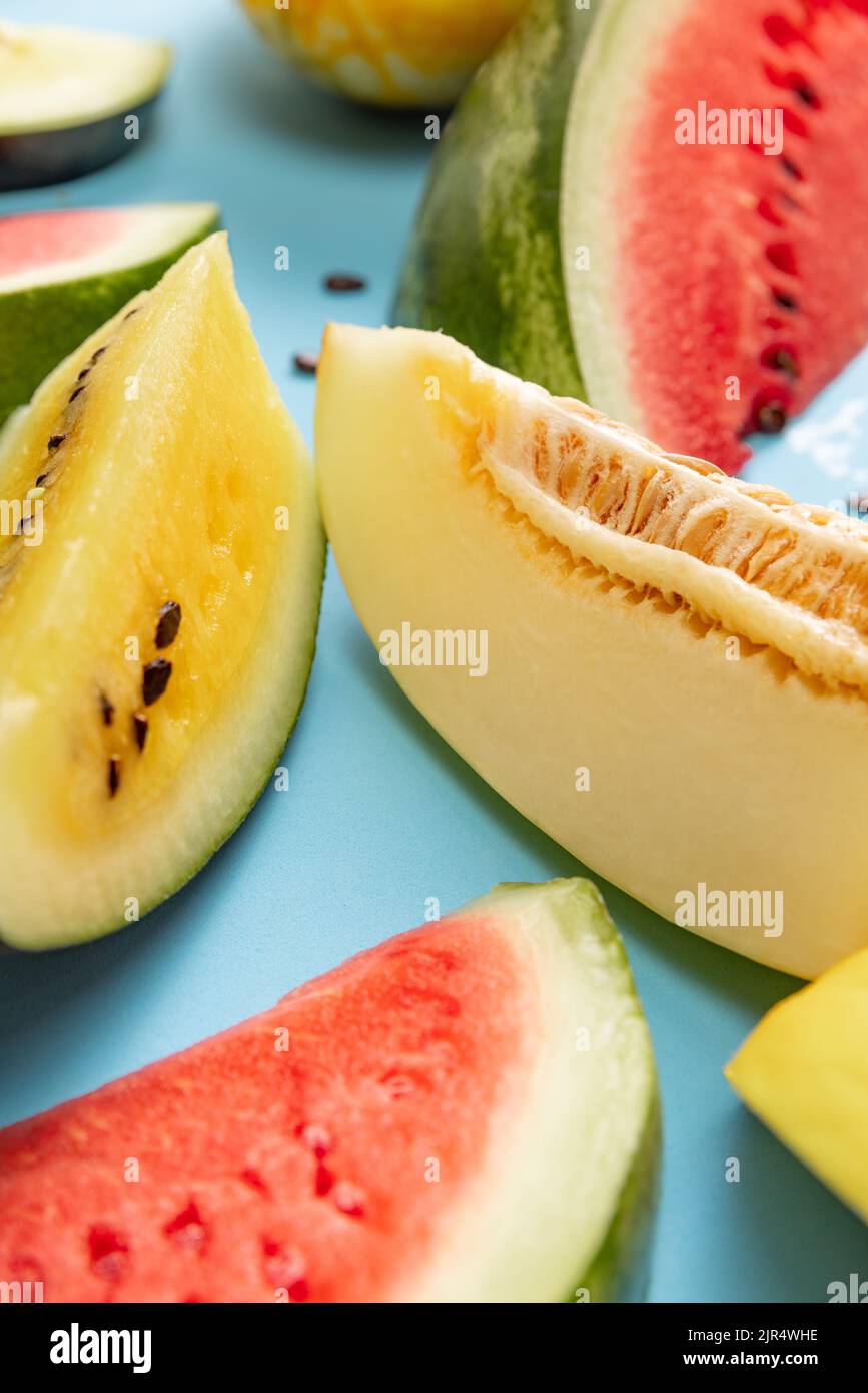 Healthy and tasty. Top view of ripe fresh watermelon and melon slices