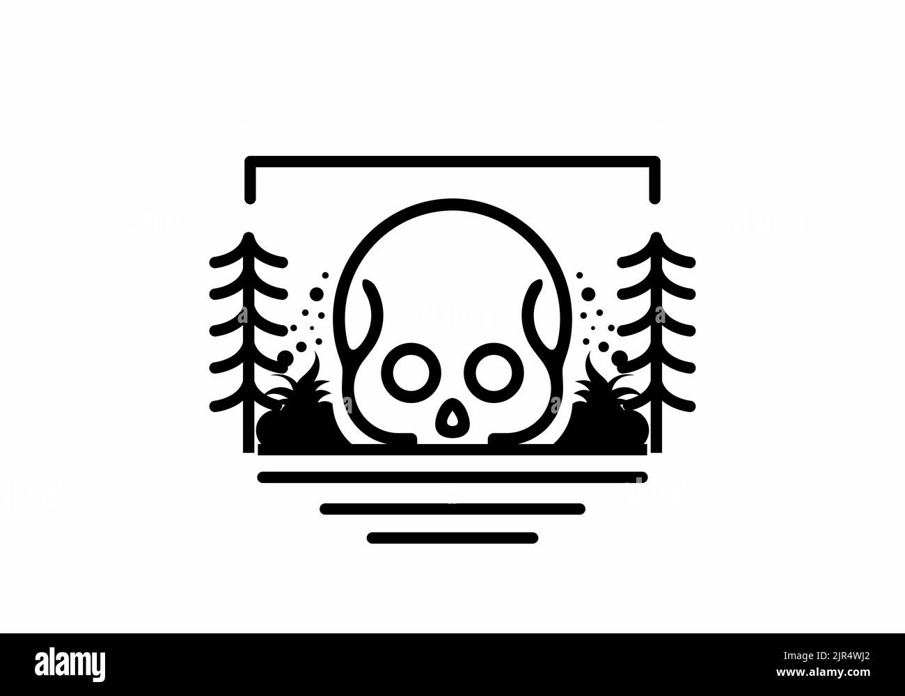 Skull stuck on the ground monoline art in black and white color design