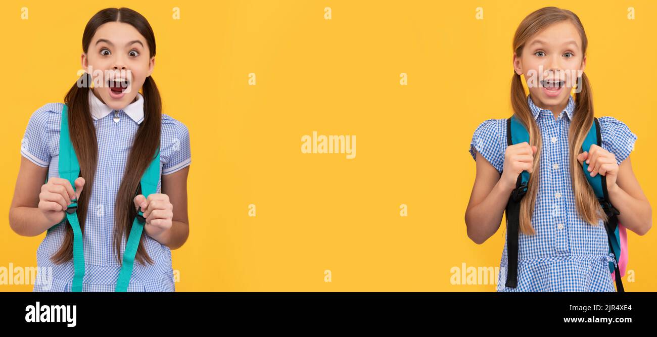 School girls friends. Wow. Shocked school friends yellow background. Childhood friends. Friendship and sisterhood. Banner of school girl student Stock Photo