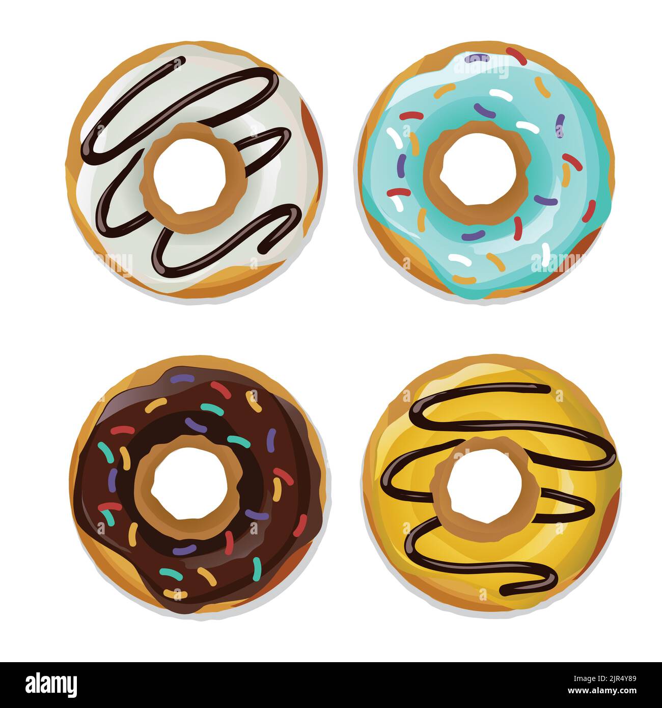 A top view of four colorful donuts with different toppings on a white ...