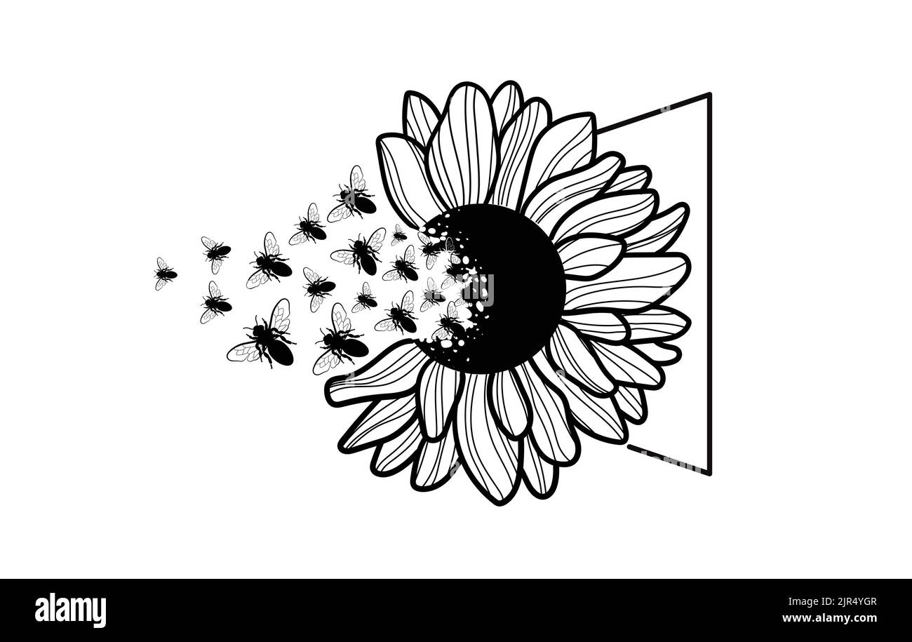 Creative hand-drawn vector with sunflower petals turning into bees Stock Vector