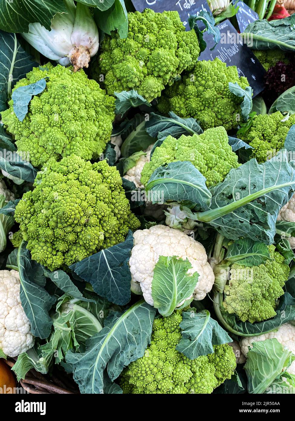 Romanesco and Cauliflower for sale at Farmers Market in Cape Town, South Africa Stock Photo