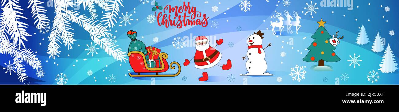 Merry Christmas and Happy Winter Holidays, vector banner. Santa and snowman with gifts, Christmas tree, sleigh and deer Stock Vector