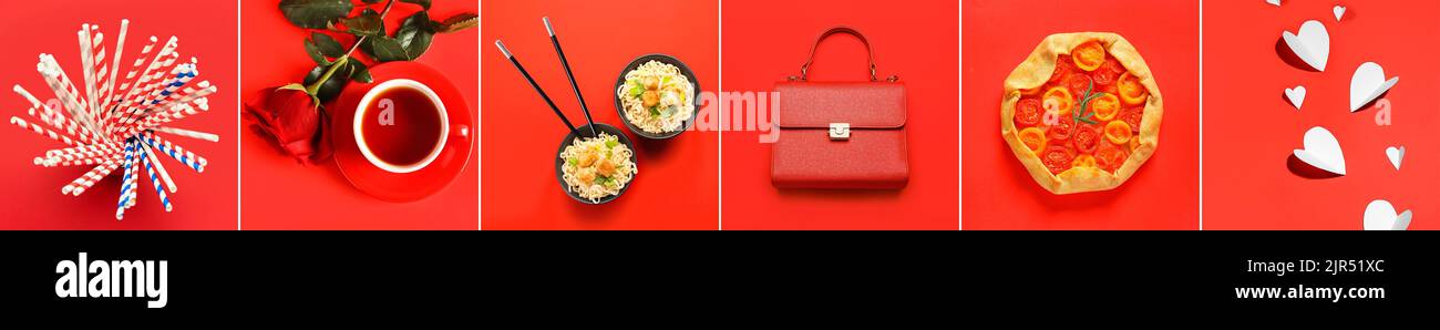 Collage of different items on red background Stock Photo