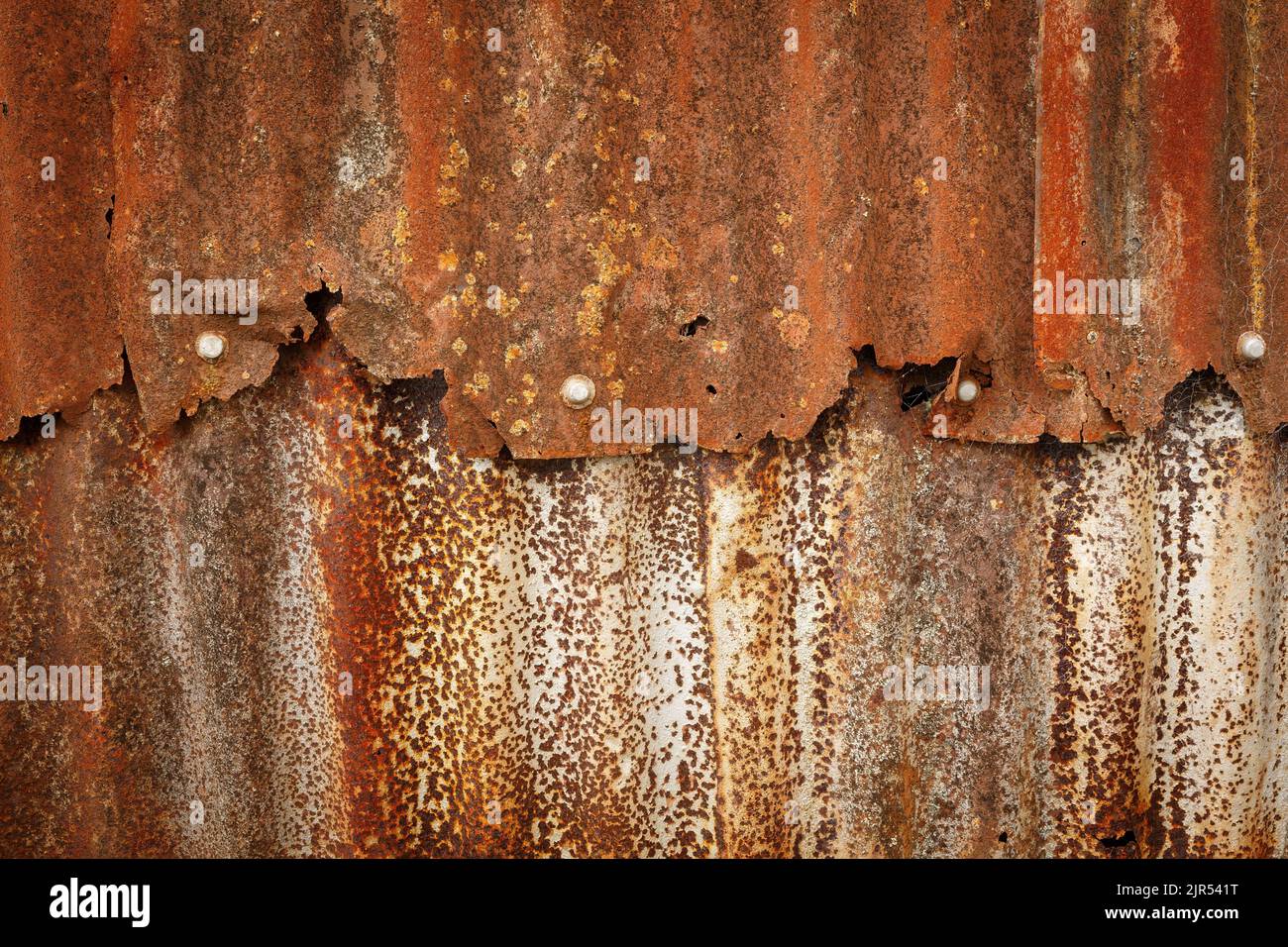 Closeup of sheets of rusty corrugated iron on the side of an old Quonset hut Stock Photo