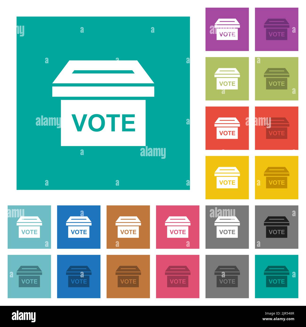 Ballot box solid multi colored flat icons on plain square backgrounds. Included white and darker icon variations for hover or active effects. Stock Vector