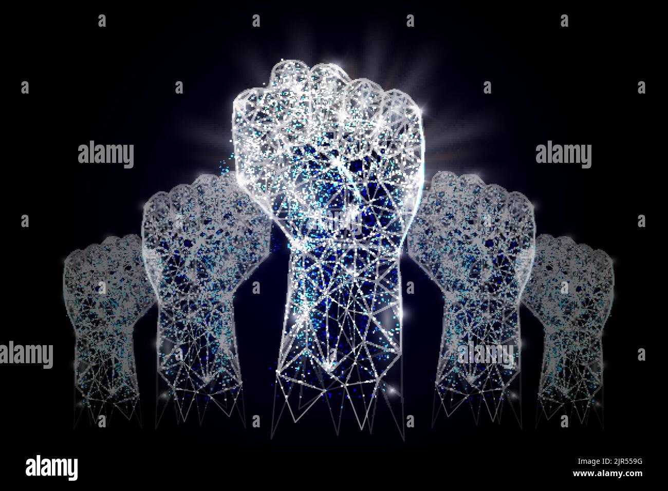 Vector polygonal art style raised up clenched fists. Low poly wireframe ...
