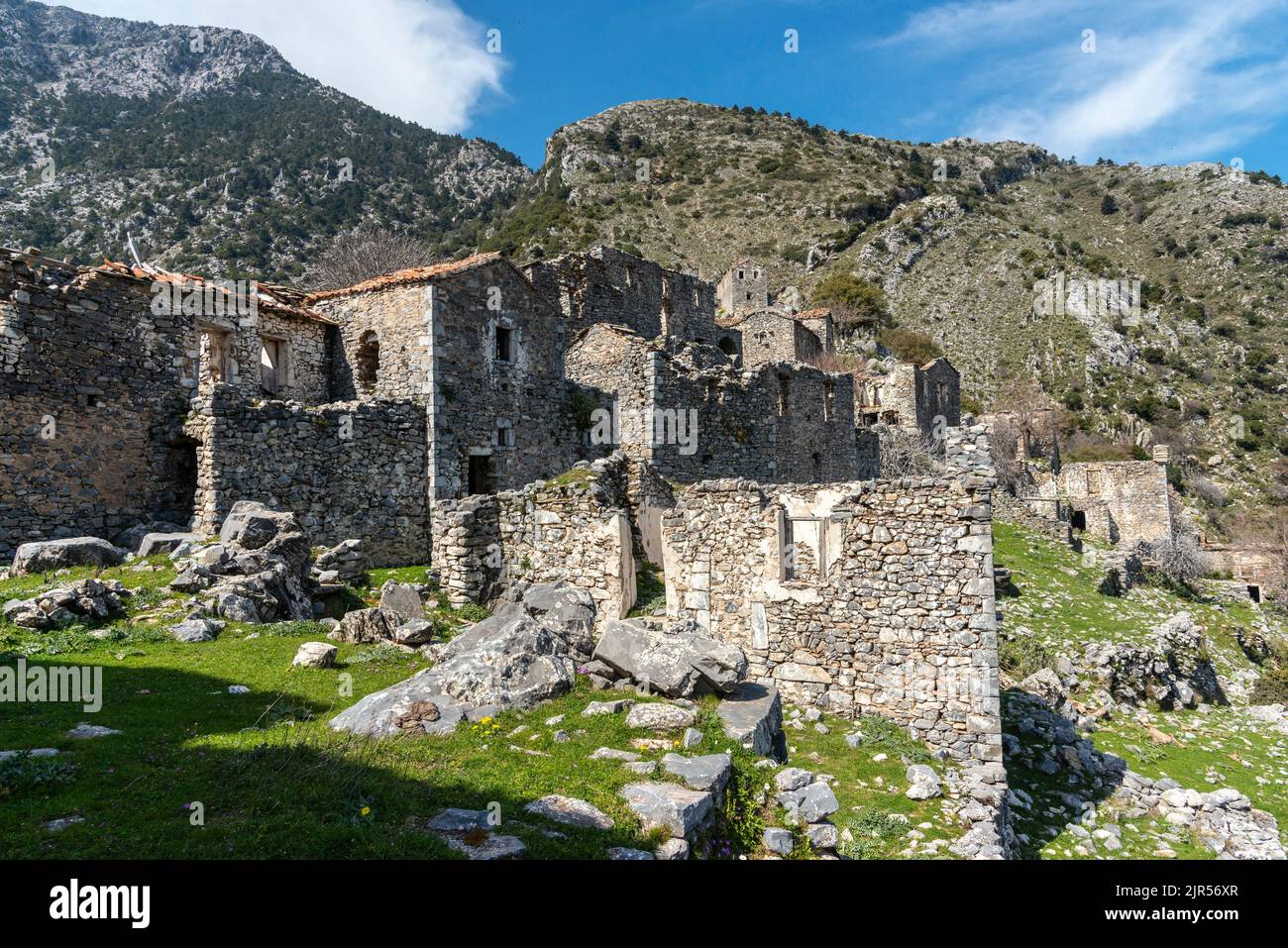 The village of Polyaravos,  located at an altitude of 840 meters on Mount Zizali in the Taygetus mountain range. Lakonia, Peloponnese, Greece. One of Stock Photo