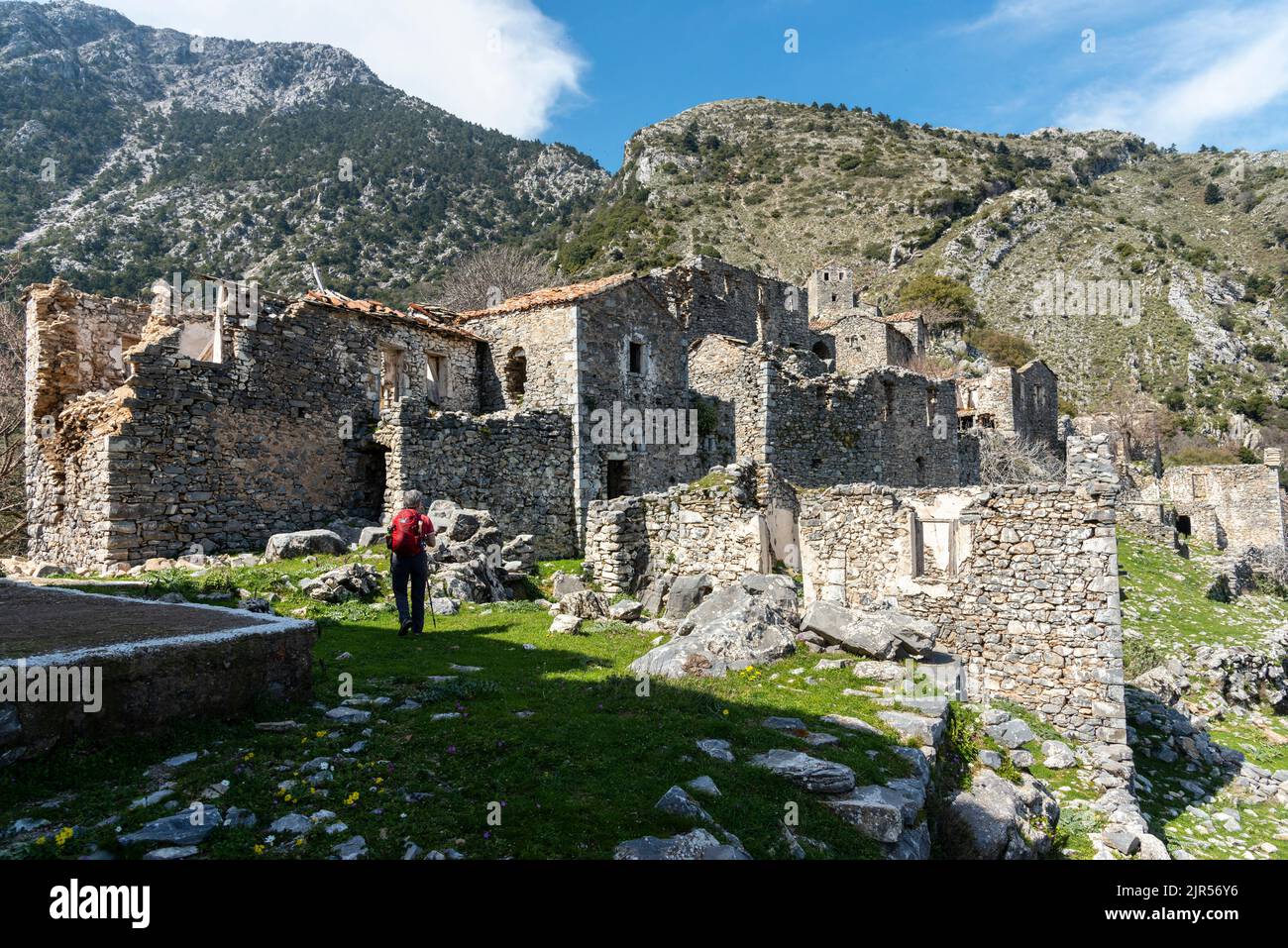 The village of Polyaravos,  located at an altitude of 840 meters on Mount Zizali in the Taygetus mountain range. Lakonia, Peloponnese, Greece. One of Stock Photo