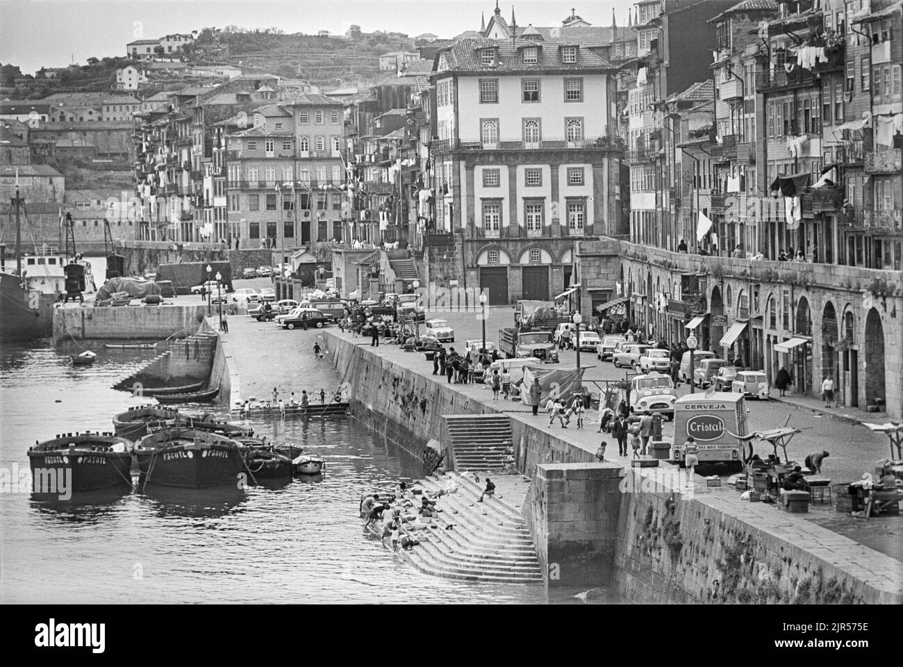 PORTUGAL - PORTO -  1970. Looking along the Cais da Ribeira and the river Douro waterfront in the Ribeira district of Porto, Northern Portugal.  Copyr Stock Photo