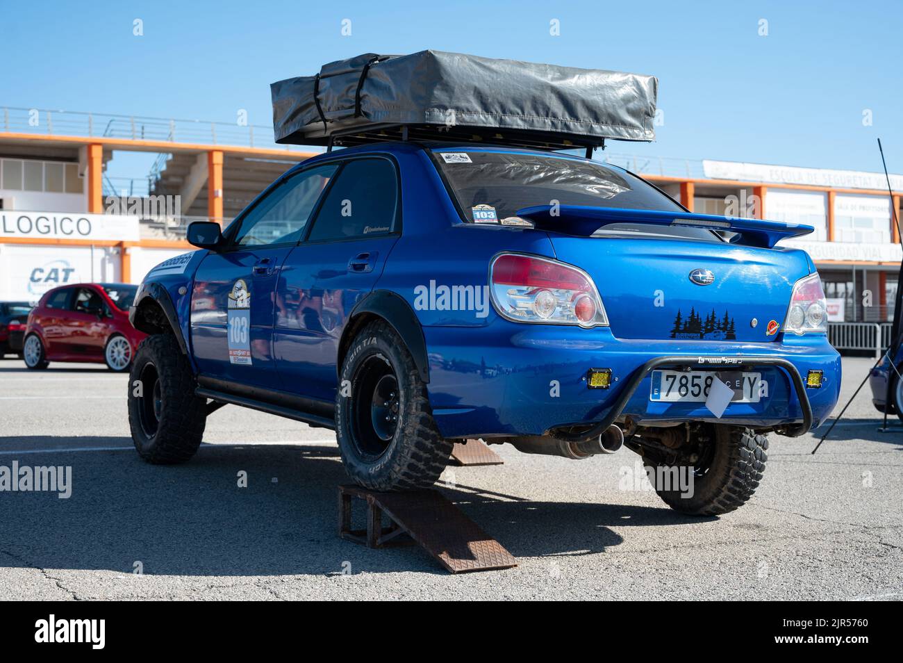 A blue Subaru Impreza second generation prepared for all terrain rally raid Stock Photo