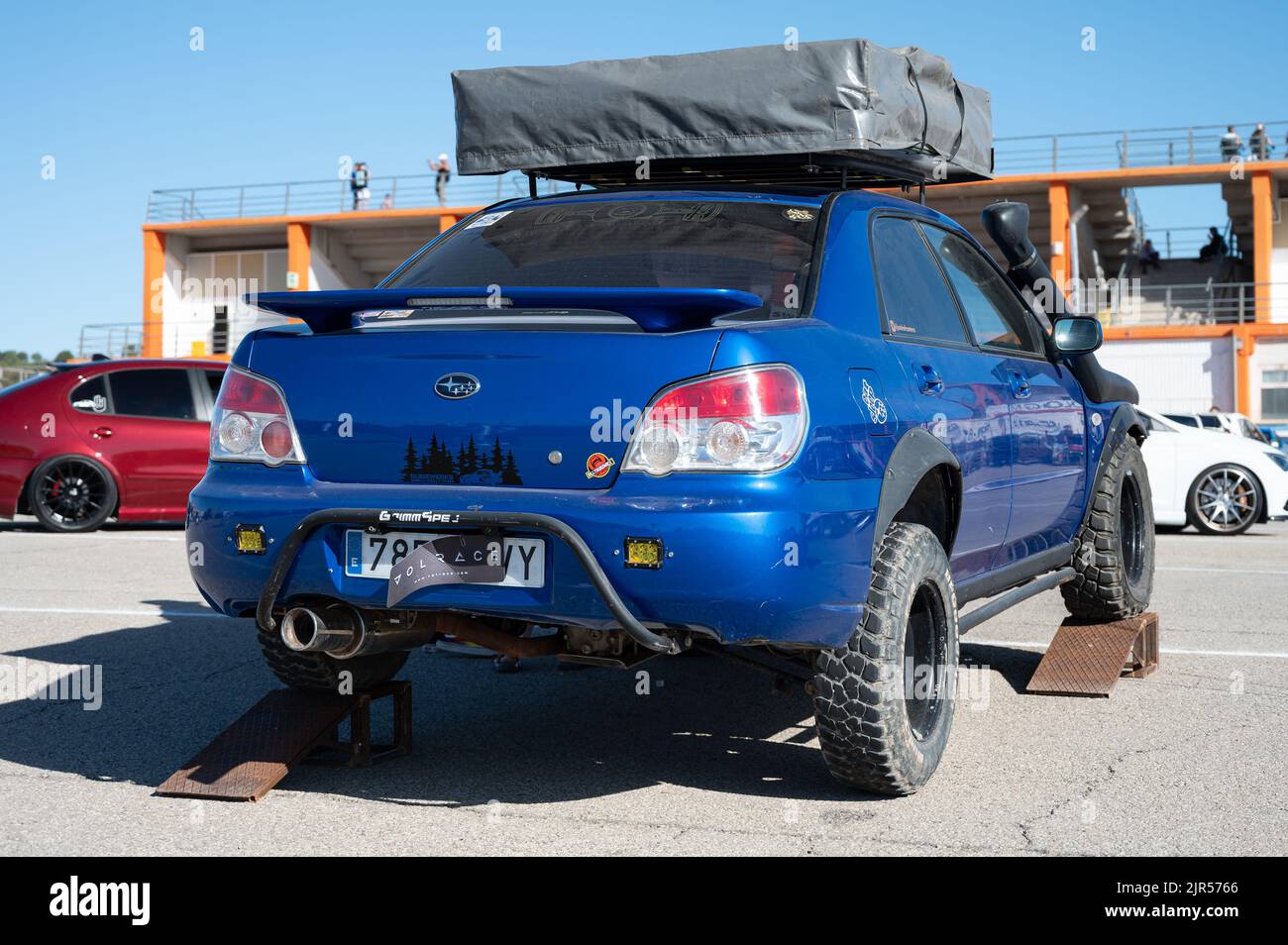A blue Subaru Impreza second generation prepared for all terrain rally raid Stock Photo